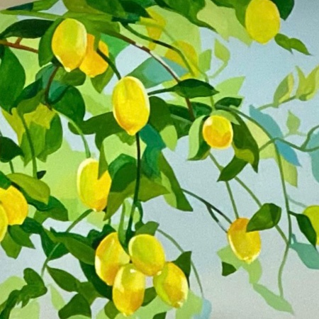 "Zitronen" Sizilien, 2021 - Strahlender Sonnenlicht gefangen, dank meiner besonderer Maltechnik, in den leuchtenden Zitrusfrüchten erfrischt und belebt den Raum. 