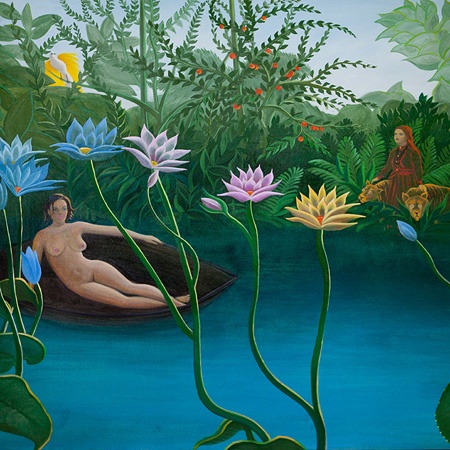 In Anlehung an das Bild “Der Traum” von Henri Rousseau, der im Stil des magischen Realismus malte, entstand das Gemälde einer Traumlandschaft.