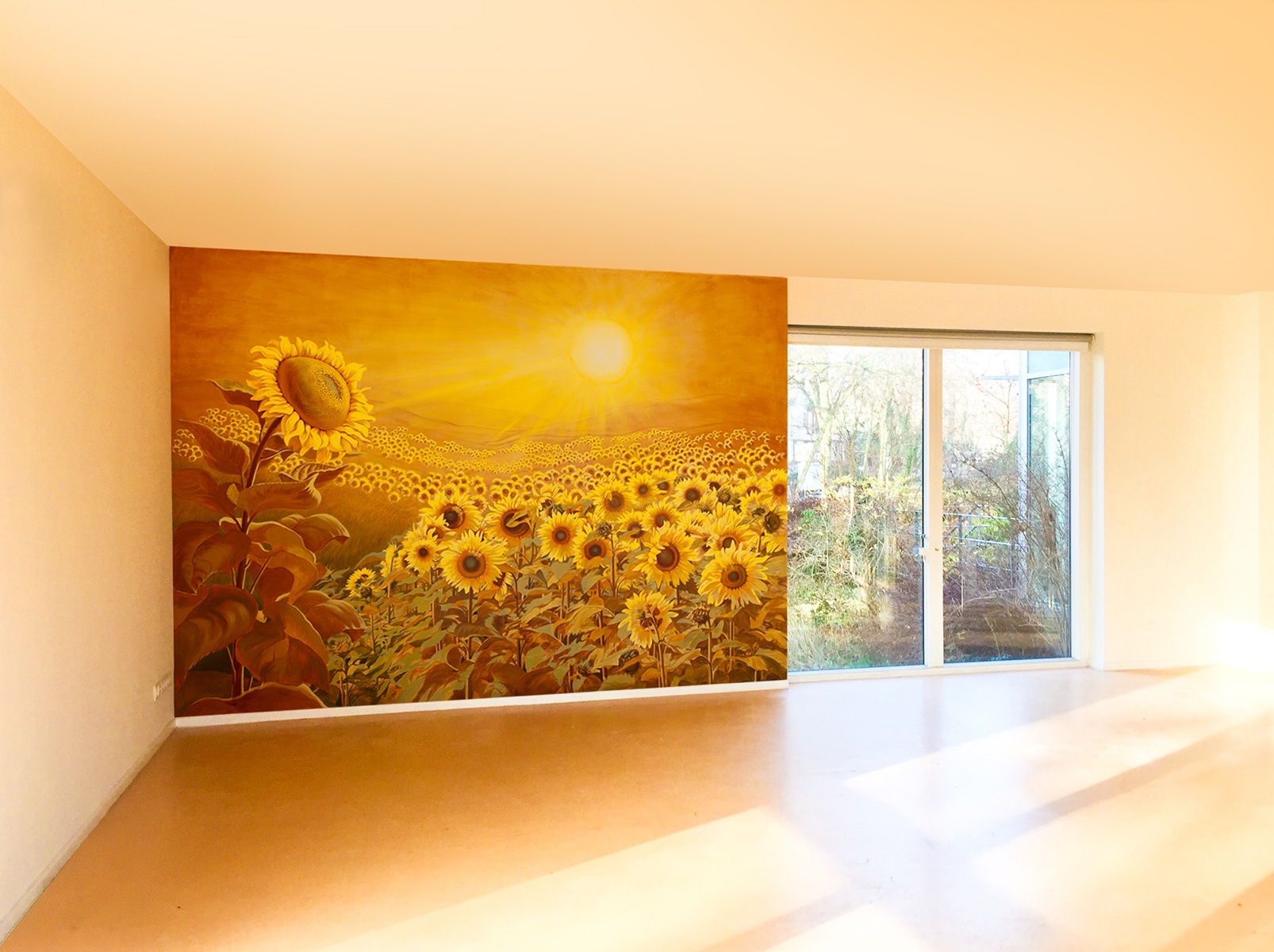 Wandbild Sonnenblumen für einen Seminarraum in Berlin - Elena Wuest Art
